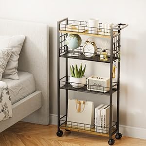 LASZOLA Slim Storage Cart with Wheels, 4 Tier Mobile Narrow Shelving Unit Organizer Utility Cart with Handle, Skinny Rolling Trolley for Small Space Kitchen Bathroom Laundry, Black and Rustic Brown