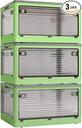 3 PACK Stackable Storage Bins, 50 Liters Closet Organizers with 3 Lids, Wheels, Drawers, Foldable Collapsible Box for Clothes and Camping Out Doors Bins, Green