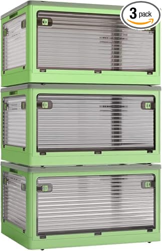 3 PACK Stackable Storage Bins, 50 Liters Closet Organizers with 3 Lids, Wheels, Drawers, Foldable Collapsible Box for Clothes and Camping Out Doors Bins, Green