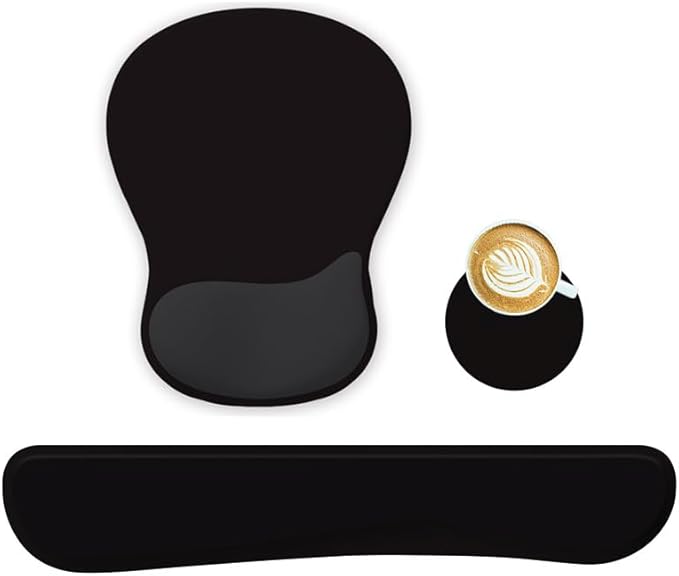 Wrist Rest Support for Mouse Pad Keyboard Set Circle Coaster Gaming Mouse Pad Ergonomic Gel Memory Foam Set for Computer, Laptop, Office, Pain Relief, Comfortably Typing Black KM-33