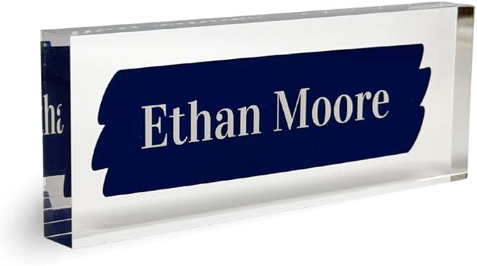 Customized Clear Acrylic Thick 8x3" Desk Name Plate Block with Personalized Logo - Professional Office Decor - Customized Acrylic Plate Gift for Teacher Co-workers, Christmas Gifts for Her, Thanksgiving Gifts (Navy Brush)