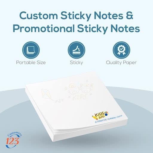 Personalized Sticky Notes with Text or Logo, 3"x3" Custom Office Pads, 25 Sheets Customized Memo Pads for Office, Home and School, Notepad Gifts Useful for Teacher and staff, Student Supplies, 500 Qty