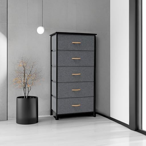 Crestlive Products Vertical Dresser Storage Tower - Sturdy Steel Frame, Wood Top, Easy Pull Fabric Bins - Wide Organizer Unit for Bedroom, Hallway, Entryway, Closets - 5 Drawers(Gray)