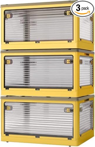 3 PACK Stackable Storage Bins, 50 Liters Closet Organizers with 3 Lids, Wheels, Drawers, Foldable Collapsible Box for Clothes and Camping Out Doors Bins, Orange