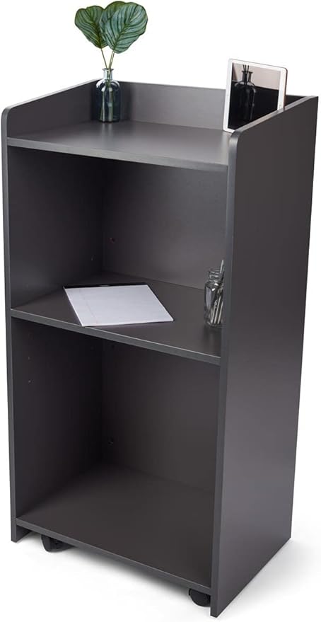 Displays2go Podium Stand, Internal Shelf, 4 Wheels, CARB Certified, Laminated Melamine - Gray (LCKDPHSGR)