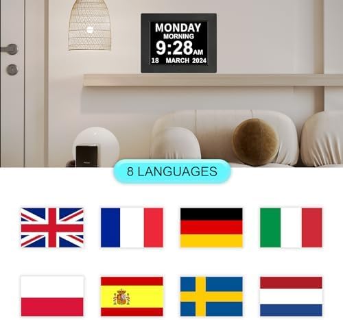 Digital Day Calendar Clock 5 Alarm Clock & 3 Medicine Reminders Extra Large 8 Inch Non-Abbreviated Day Date Month Dementia Senior Clocks for Eldarly Memory Loss Vision Impaired Clock