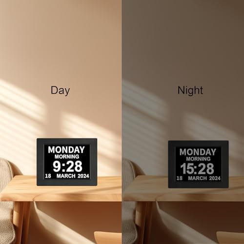 Digital Day Calendar Clock 5 Alarm Clock & 3 Medicine Reminders Extra Large 8 Inch Non-Abbreviated Day Date Month Dementia Senior Clocks for Eldarly Memory Loss Vision Impaired Clock