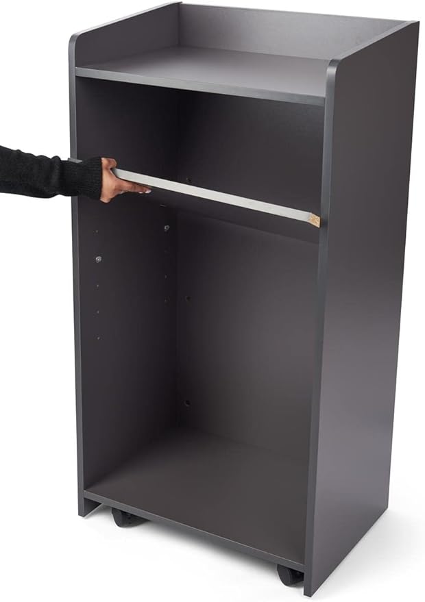 Displays2go Podium Stand, Internal Shelf, 4 Wheels, CARB Certified, Laminated Melamine - Gray (LCKDPHSGR)