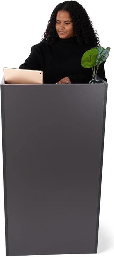 Displays2go Podium Stand, Internal Shelf, 4 Wheels, CARB Certified, Laminated Melamine - Gray (LCKDPHSGR)