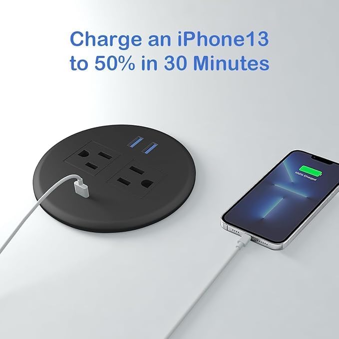 Desktop Power Grommet - Set of 2,3-inch,20W USB C Fast Charging,Fits 3-1/8" Holes.Round Recessed Power Strip Flush Mount Desk Grommet Outlet,2-AC Outlet,3-USB Port,5 ft Cord,Black