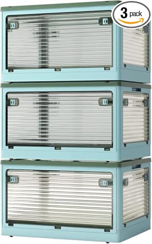 3 PACK Stackable Storage Bins, 50 Liters Closet Organizers with 3 Lids, Wheels, Drawers, Foldable Collapsible Box for Clothes and Camping Out Doors Bins, Blue
