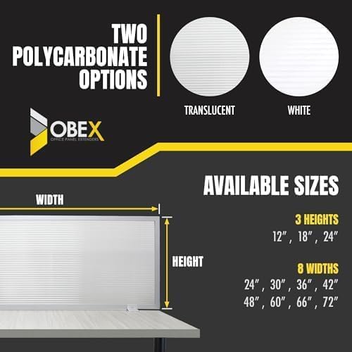 OBEX Polycarbonate Office Desk Mounted Privacy Screen Adjustable Table Top Panel Divider, Universal Aluminum Bracket-USA Made, 18" x 48", Translucent
