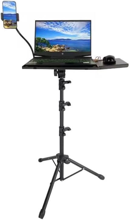 Laptop Tripod Stand – Adjustable Laptop Holder with Phone Mount | Heavy- Duty Alloy Tripod Stand with Tray | Height Adjustable 0.65–1.6m | Portable, Foldable, 15kg Load Capacity | Black