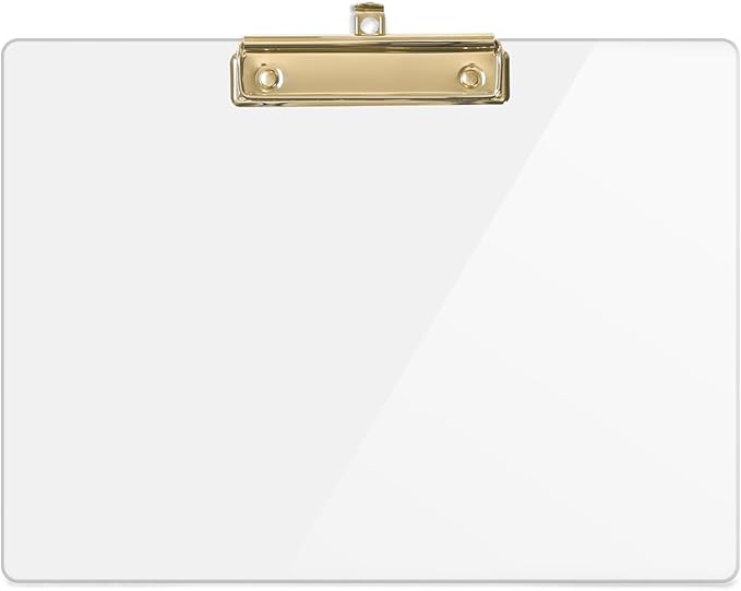 UNIQOOO Clear Acrylic Landscape Clipboard, Horizontal Clipboard with Shiny Gold Finish Clip for Student, Back to School Gift, Modern Arts Lover, Fashion Style Expert, Calligrapher, Office, 12.5x9 in