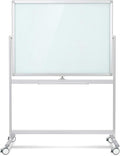 Mobile Glass Whiteboard, Magnetic Double-Sided Easel Style Glass Dry Erase White Board with Wheels - 48 x 36 Large Rolling Board Planner with Stand for Office, Classroom, School, Home.