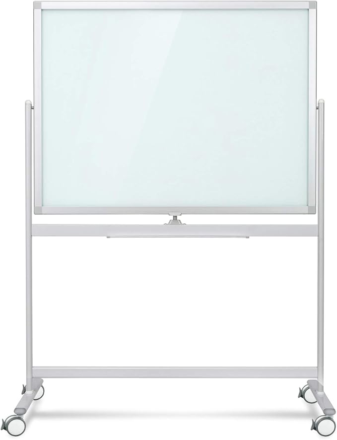 Mobile Glass Whiteboard, Magnetic Double-Sided Easel Style Glass Dry Erase White Board with Wheels - 48 x 36 Large Rolling Board Planner with Stand for Office, Classroom, School, Home.