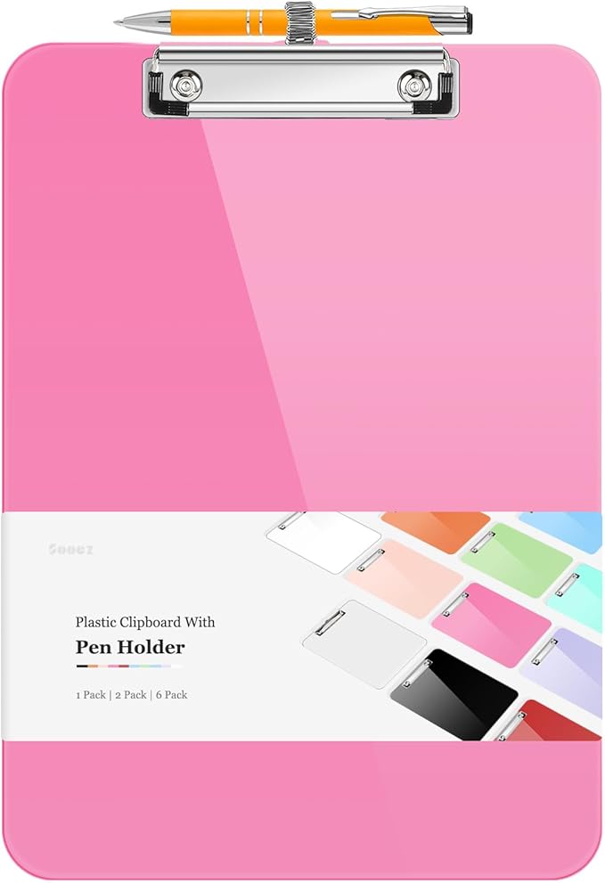 Sooez Plastic Clipboard with Pen Holder, [10% Thicker] Clip Boards 8.5x11 with Low Profile Clip, Cute Hanging Clipboard, Standard Letter Size A4 for Women Teacher, Office & School Supplies