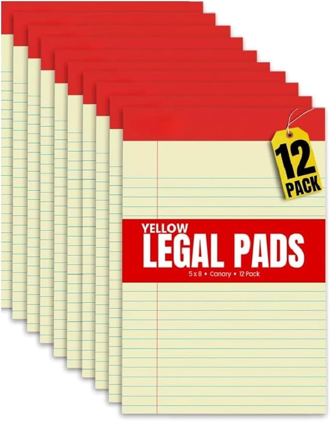 1InTheOffice Yellow Legal Pads 5x8, Notepad Narrow Ruled, Canary, 50 Sheets/Pad, Dozen Pads/Pack