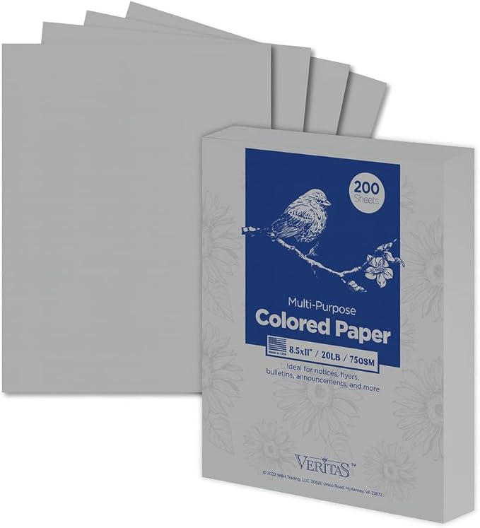 WritePads Veritas Colored Copy Paper, Gray Multi-Purpose paper,Colored Printer Paper 8.5” x 11”, 20 lb / 75 GSM,Grey,200 Sheets，Made in USA