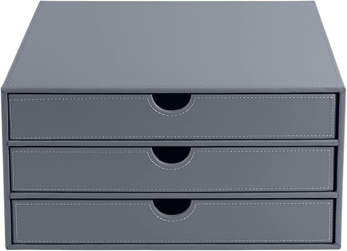 PU Leather Desk Organizer with 3 Drawers,Executive Office Supplies Desktop Filing A4 File Cabinet/Holder for Jewelry/Bill/Paper/Documents/Makeup Home Decor Stationery Storage Box,Grey