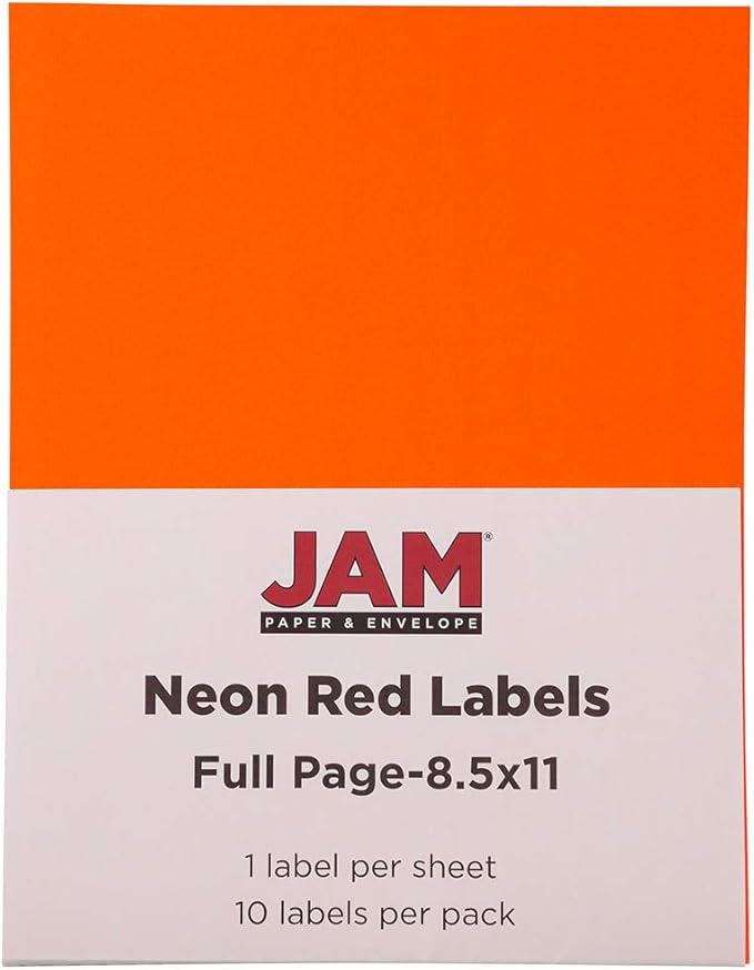 JAM PAPER Full Sheet Shipping Labels - Printable Sticker Paper - 8 1/2 x 11 - Neon Deep Red/Orange - 10 Full Pages/Pack