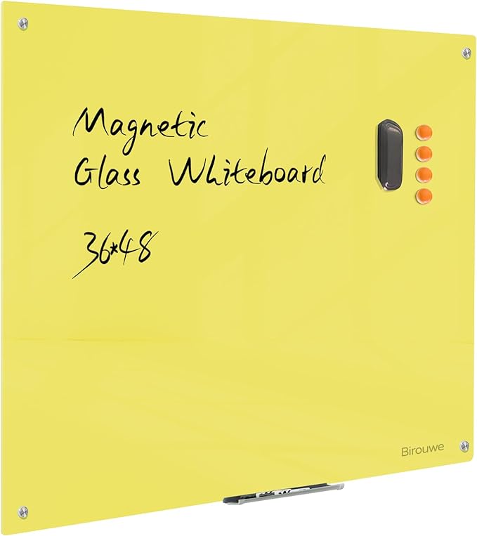 Magnetic Glass Dry Erase Board - White Board 48 x 36 Inch Wall Mounted Glass Whiteboard, Large Frameless Glass White Board for Wall Office, Home & School, Yellow