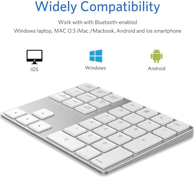 Bluetooth Number Pad, Wireless Numeric Keypad, USB-C Rechargeable External 34-Keys Numpad, Financial Data Entry Keyboard for iMac, MacBook Air/Pro, PC Desktop, Laptop Notebook(Silver)