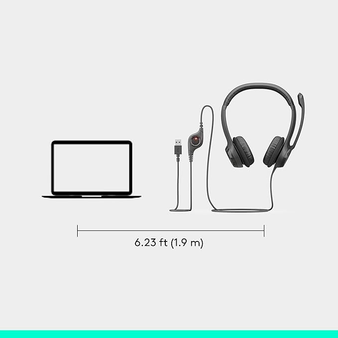 Logitech H390 Wired Headphones with Mic, USB-A Headset with Microphone for PC, Noise Cancelling Microphone for Video Meetings, Music, Gaming - Black