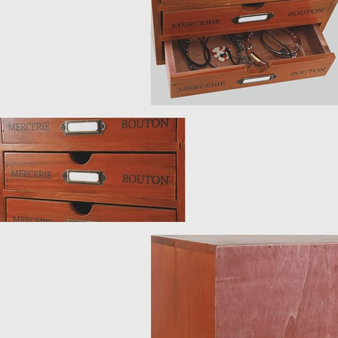 Wooden Storage Box with 4 Drawers Vintage Office Supplies and Accessories Letter Tray Wood Desktop School Supply Organizer Library Card Catalog Cabinet with Lables Rustic Jewelry Box (BROWN)