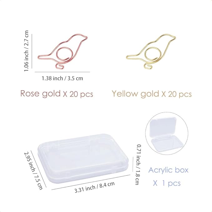 OWLFAVO 40pcs Bird Shape Paper Clips with Clear Box, Rose Gold and Yellow Gold, Funny Cute Paperclips Bookmarks Planner Clips for Fun Office Supplies School Gifts Wedding Decoration …