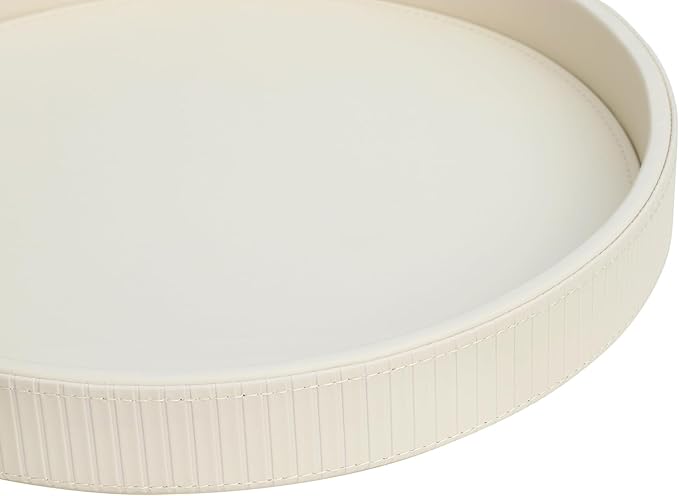 HofferRuffer Round Decorative Tray, Faux Leather Vanity Tray Decor, Decorative Catchall for Perfume, Bathroom Valet, Nightstand or Dresser, 12 x 12 x 1.6 inches (CreamWhite Stripe)