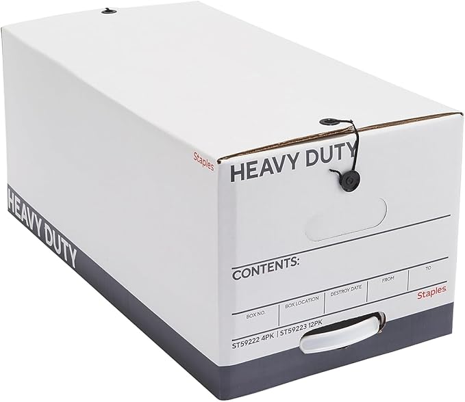 STAPLES Storage & Filing Box, Heavy-Duty with Handles & String-Button Lid, Letter Size Documents, Stackable, 4-Pack, White/Gray