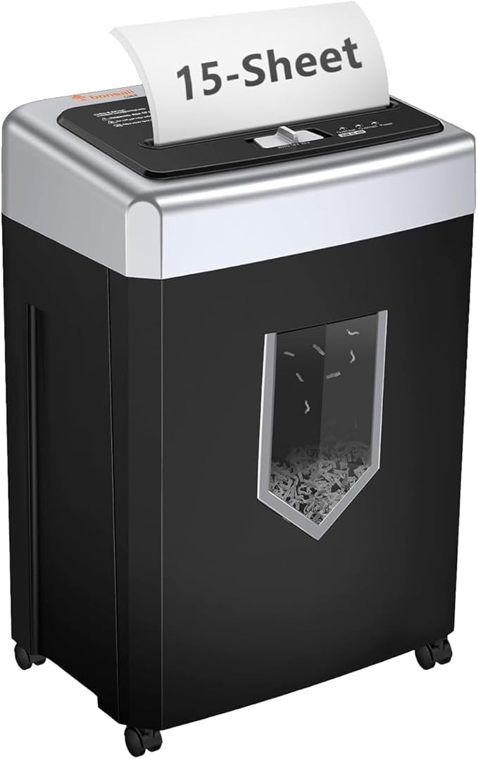 Bonsaii 15-Sheet Cross-Cut Paper Shredder, Heavy-Duty Office Use, 35-Min Continuous Runtime, P-4 Security Level, Anti-Jam, Shreds CDs & Cards, 4.8-Gallon Pullout Wastebasket