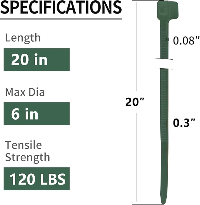 100PCS 20 inch Zip Ties 120LBS Tensile Strength Self-Locking heavy duty UV Resistant Cable Tie Wraps for indoor and outdoor use(silver)