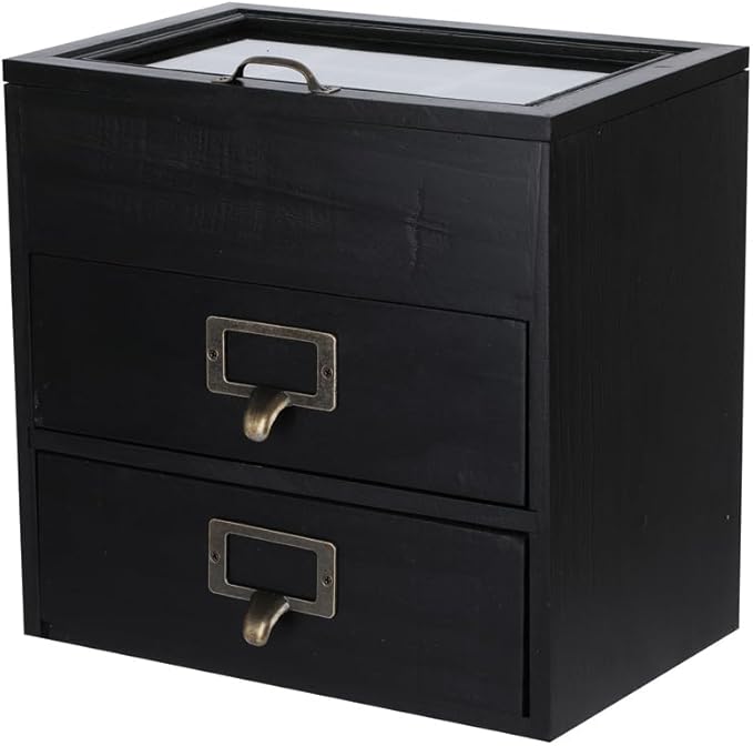 Wooden Storage Box Wooden Desk Organizer with 2 Drawers and 6 Grids Apothecary Drawers Small Wooden Drawers Small Craft Storage Containers Jewelry Holder for women(Glass Black02)