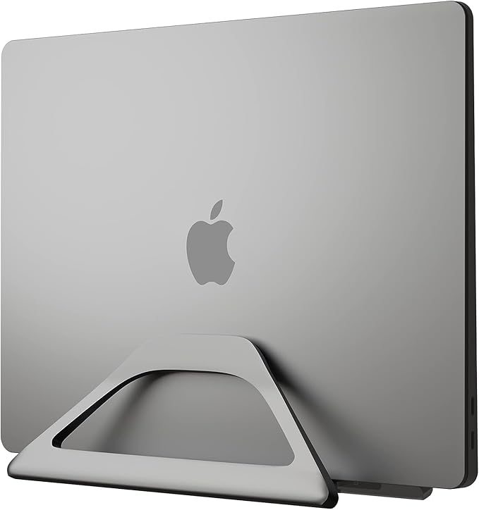 Elestoria Aluminum Vertical Laptop Stand with Gravity Auto-Lock – Adjustable Laptop Holder Vertical fits MacBook Pro/Air, Chromebook & Gaming Laptops up to 17.3" – Space-Saving Desktop Dock - Grey