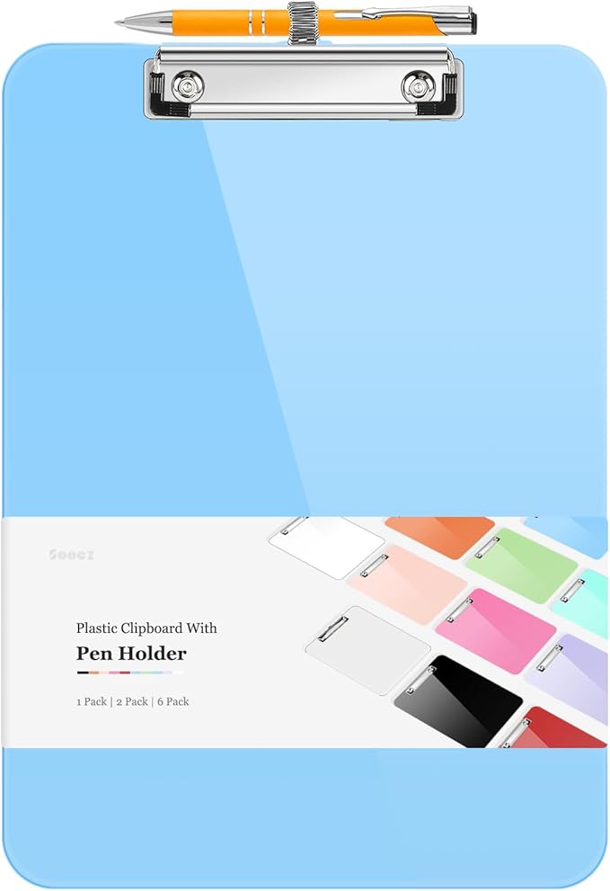 Sooez Plastic Clipboard with Pen Holder, [10% Thicker] Clip Boards 8.5x11 with Low Profile Clip, Cute Hanging Clipboard, Standard Letter Size A4 for Women Teacher, Office & School Supplies