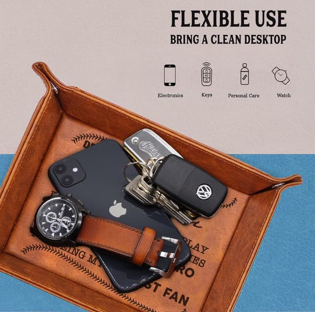 Funny Baseball Dad Gifts - Softball Dad PU Leather Valet Tray, Unique Birthday Gift from Son Daughter, Coach Dad Desk Décor Organizer