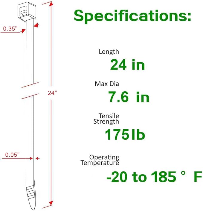 100 PCS Zip Ties Heavy Duty, 24 Inch White Extra Long Cable Ties, 175 lbs Self-Locking Strong Plastic Tie Wraps for Indoor and Outdoor Use