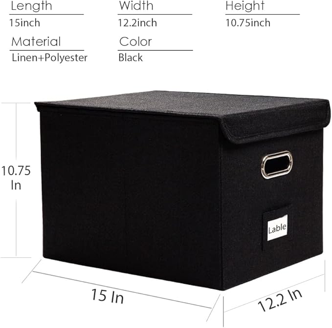 PRANDOM File Organizer Box - Set of 1 Collapsible Decorative Linen Filing Storage Hanging File Folders with Lids Office Cabinet Letter Size Black (15x12.2x10.75 inch)