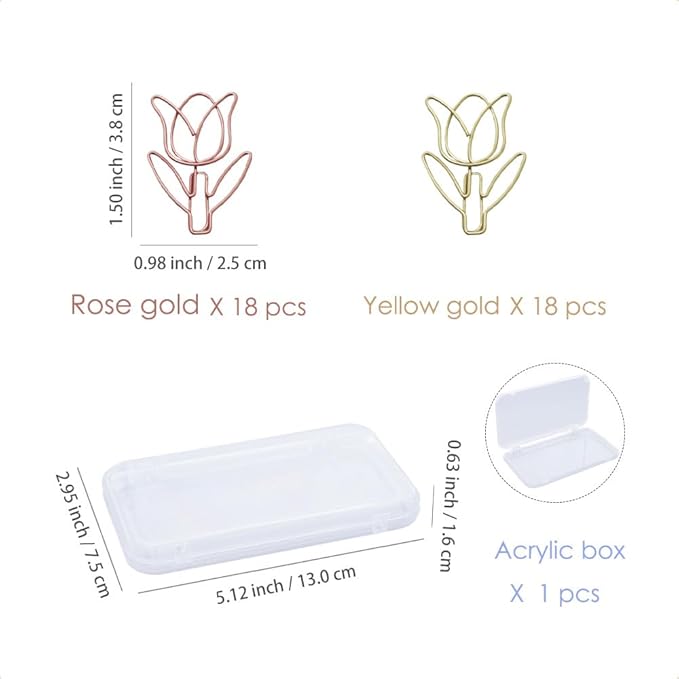 OWLFAVO 36pcs Tulip Flower Shape Paper Clips with Clear Box, Rose Gold and Yellow Gold, Funny Cute Paperclips Bookmarks Planner Clips for Fun Office Supplies School Gifts Wedding Decoration