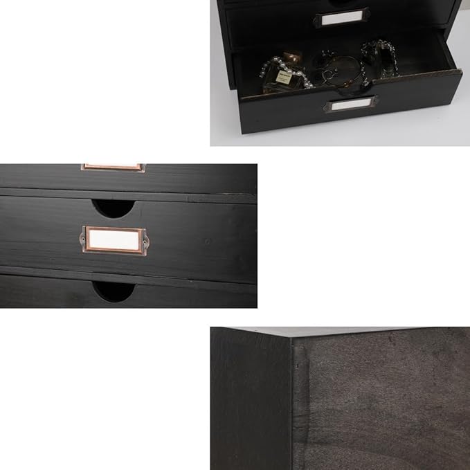 Wooden Storage Box Rustic Desktop Organizer with 3 Drawers Office Desk Accessories Shelf Large Craft Storage Containers Apothecary Cabinet and Chest Jewelry Holder for women(BLACK)