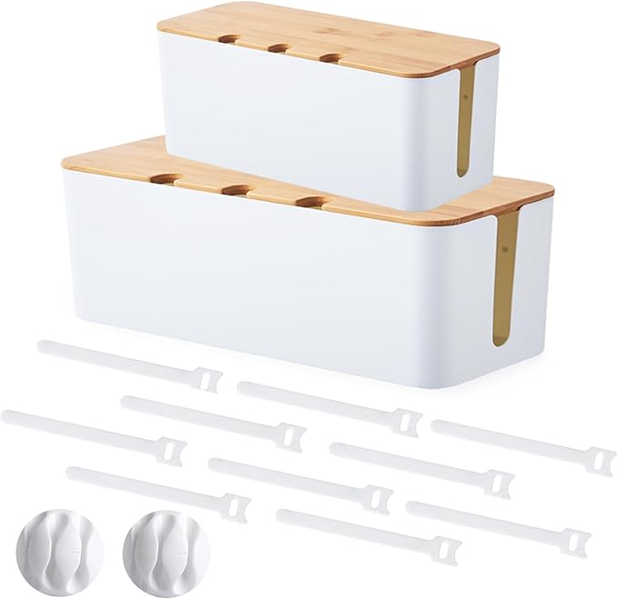 Cable Management Box 2 Pack, Cord Cable Organizer Box with Bamboo Lid, Under Desk Cable Management with 10 Cable Ties and 2 Cable Clip Holders for TV Router Computer USB Hub