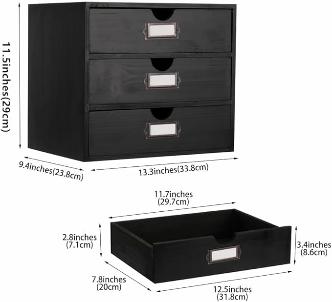 Wooden Storage Box Rustic Desktop Organizer with 3 Drawers Office Desk Accessories Shelf Large Craft Storage Containers Apothecary Cabinet and Chest Jewelry Holder for women(BLACK)