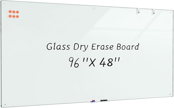 0.3mm Reinforced Metal Backing Glass White Board for Wall, 96" x 48" Extra Large Magnetic Tempered Glass Dry Erase Board with Frameless Design, 8' x 4' Glass Board for Home, Office, School