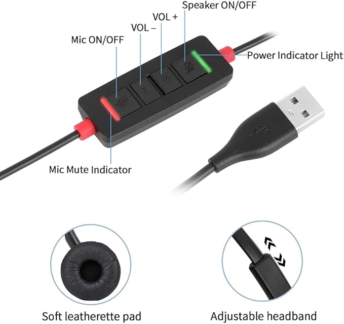 USB Headset with Mic for PC Computer Laptop Headphones with Noise Cancelling Microphone in-line Control for Home Office Online Class Teams Zoom