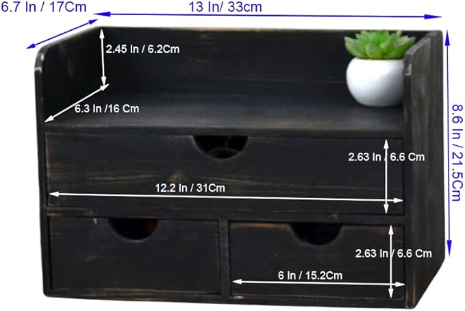 Vintage Rustic Wooden 3 Drawer with Shelf Office Desk Organizer & Mail Rack For Desktop,Box for Office Home Toiletries Supplies Vanity, No Assembly Required (Rustic Black)