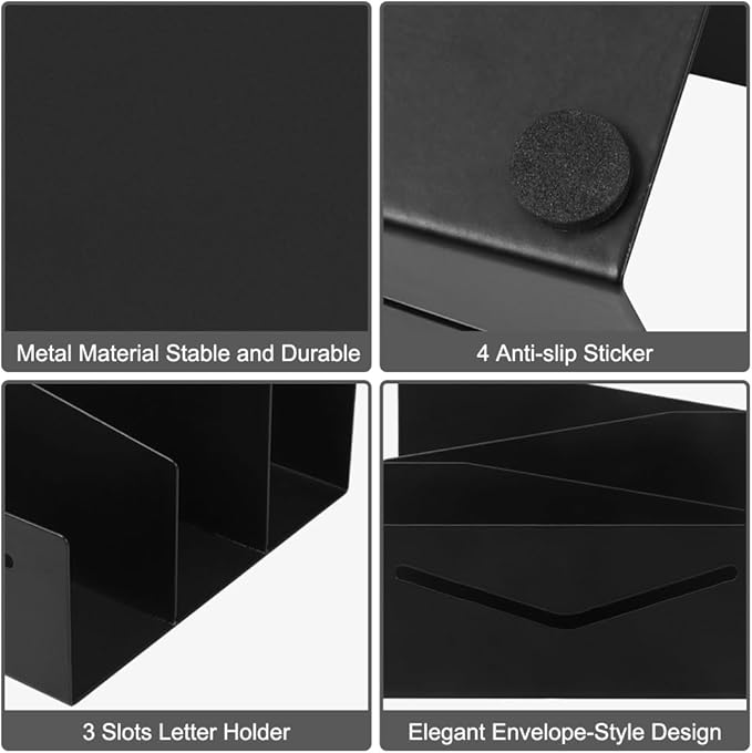 Picowe Metal Desk Mail Organizer Mail Holder, 3 Slots Letter Holder Organizer Envelope Organizer for Home Office (Black)