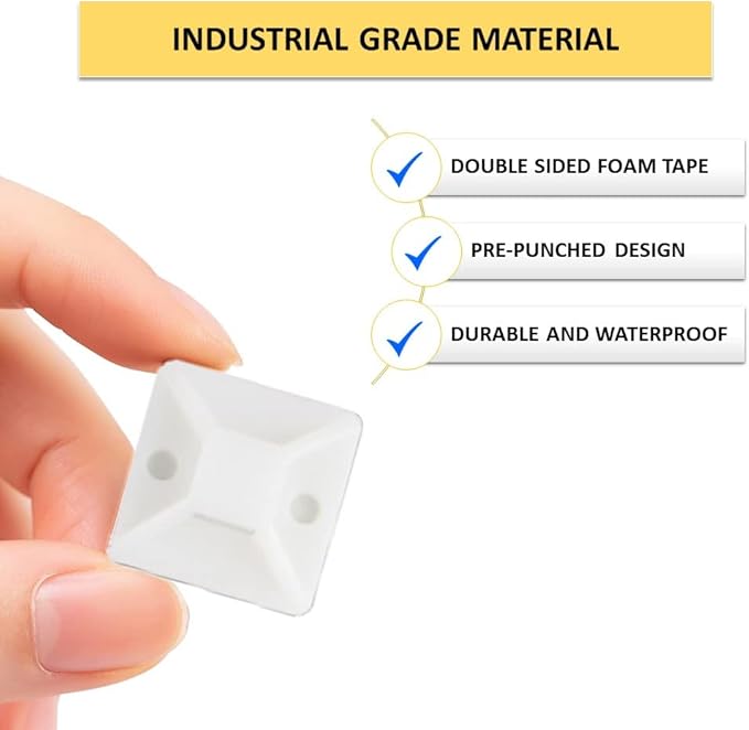 Kable Kontrol Zip Tie Mounts, 1/2” Sq, Natural White, 100 Pcs, Adhesive Backed Multi-Purpose Mounting Squares Nylon Cable Tie Wrap Anchor Pads for Cable Management