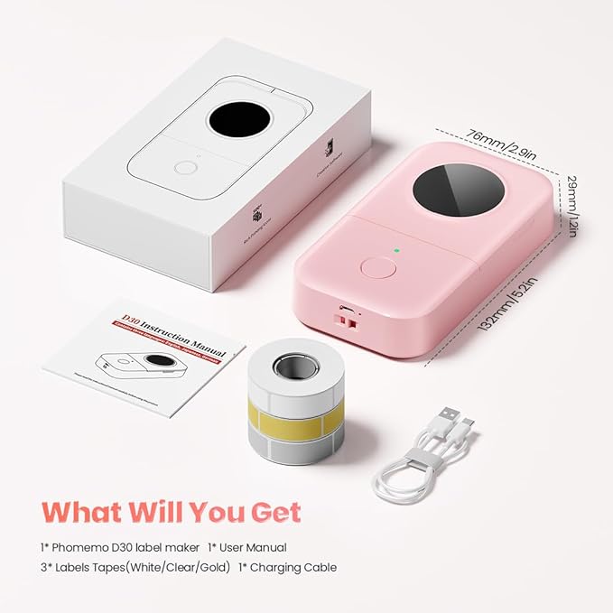 Phomemo D30 Label Maker with 3 Roll Papers - White/Clear/Gold Labels, Portable Handheld Bluetooth Mini Label Printer, Multiple Templates Fonts Icon, Thermal Small Label Printer Rechargeable
